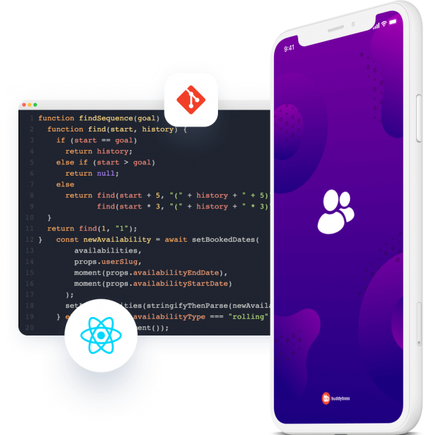A smartphone with a purple BuddyBoss app screen is displayed in front of floating icons for Git and React. Behind them is a dark code editor showing JavaScript code for a findSequence function.