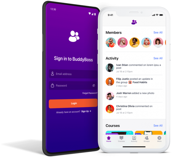 Two smartphones display the BuddyBoss app: one shows the login screen with purple and orange accents, and the other shows a member activity feed with profile images, comments, and updates.
