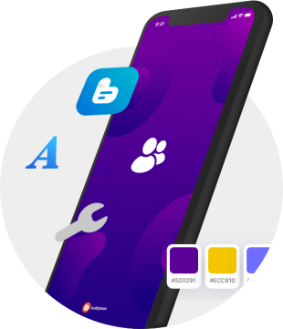 A smartphone with a purple-themed screen displays an icon of two people. Surrounding the phone are symbols: a blue blog icon, a large blue letter A, a gray wrench, and color swatches labeled #520291, #ECC810, and white.