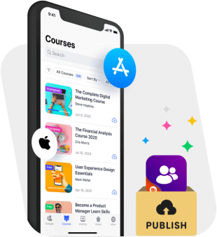 A smartphone displaying an online courses app with course listings, Apple and App Store icons, and a box labeled Publish with sparkles and an app icon emerging.