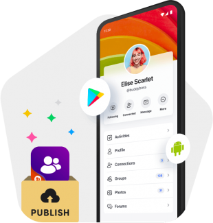 A smartphone displays a social media profile with app icons, including the Google Play logo and an Android symbol, suggesting publishing or sharing an app. A box labeled PUBLISH contains group and app icons.