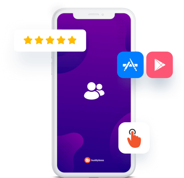 A smartphone with a purple screen displaying a user icon, surrounded by icons of a star rating, App Store, Google Play, and a hand pressing a button. The BuddyBoss logo is at the bottom of the phone screen.