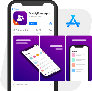 A smartphone displays the BuddyBoss App on the App Store, showing its logo, 4.5-star rating, and preview images of the app’s purple interface with home and groups screens. The App Store logo appears in the background.