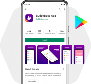 Screenshot of the BuddyBoss App on the Google Play Store with the install button, app rating, and user reviews visible, alongside preview images showing the app interface and the Google Play logo on the right.
