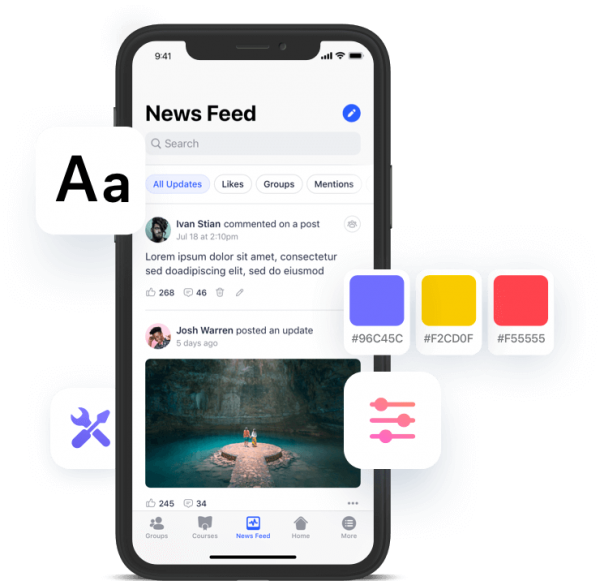 A smartphone displays a social media news feed with posts, comments, and images. Overlay icons depict customization tools, text size, and color palettes, emphasizing personalization options for the app interface.