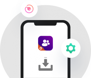 A smartphone screen displays a purple app icon with two user figures and a download symbol below it. Surrounding the phone are icons of a plug and a green gear.