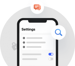 A smartphone screen displays a settings menu with switches and options. Above the phone are chat and search icons, and a faint padlock icon appears in the background.