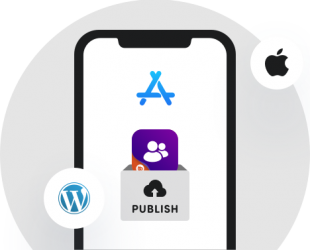 A smartphone displays the Apple App Store logo, with a Publish button and an app icon. Apple and WordPress logos appear on either side of the phone.