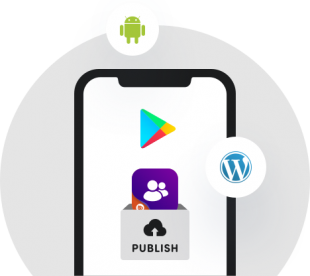 A smartphone screen displays the Google Play logo, with Android and WordPress icons above and beside it, and an app icon going into a publish drawer at the bottom.