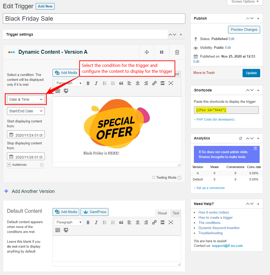 Screenshot of a WordPress admin page editing a dynamic content trigger for a Black Friday Sale. A red box highlights the Date & Time condition, with a Special Offer graphic and text: Black Friday is HERE!.