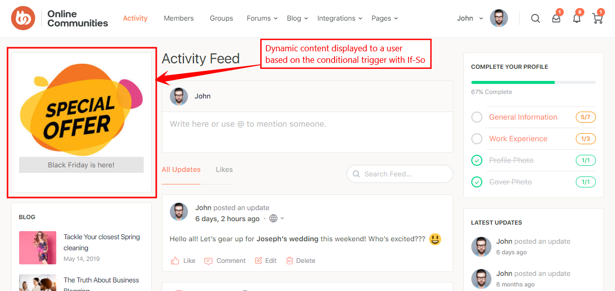 A website dashboard shows an Activity Feed with a prominent Special Offer graphic on the left, labeled Black Friday is here! and a highlighted note that dynamic content is displayed based on a conditional trigger.