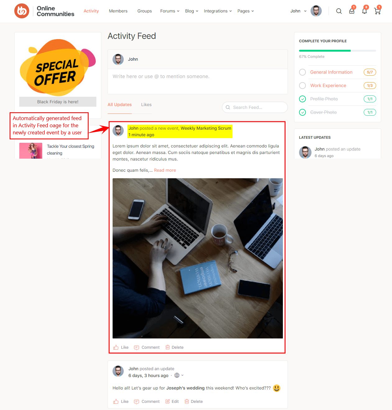 A screenshot of an online community activity feed. The highlighted post shows a top view of a desk with a laptop, tablet, coffee, notebook, camera, and a person typing. Notifications and colorful sidebar elements are visible.