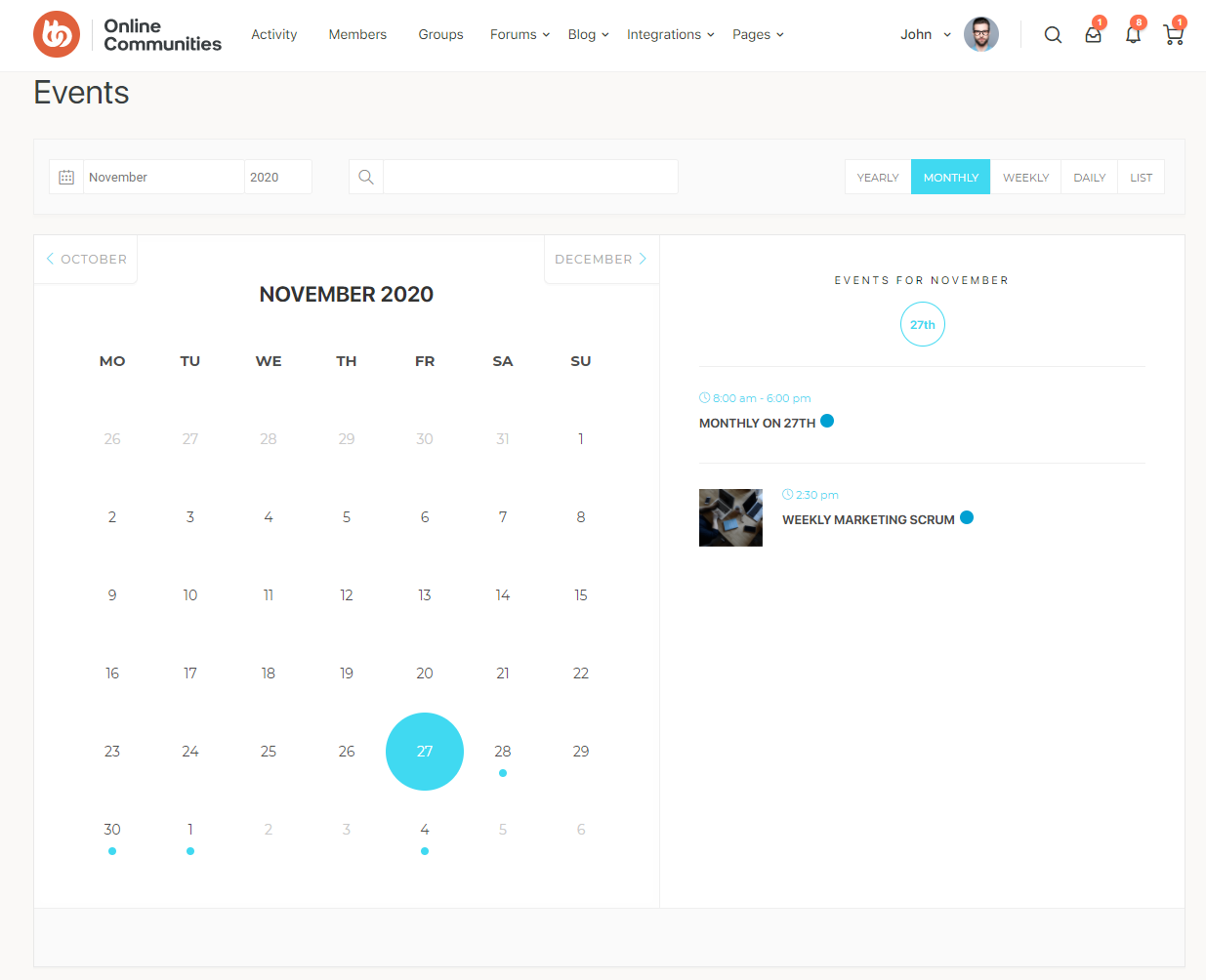 A web page displays a November 2020 calendar. The 27th is highlighted, showing one event: Weekly Marketing Scrum at 4:00 pm with a small image of a group meeting on the right panel.