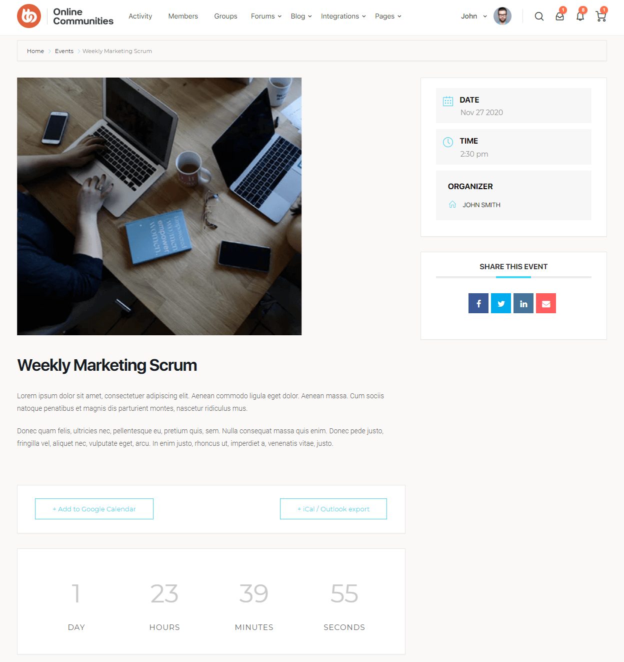 Top view of three people working on laptops and notes at a wooden table with coffee, featured on a webpage titled Weekly Marketing Scrum with event details and a countdown timer.