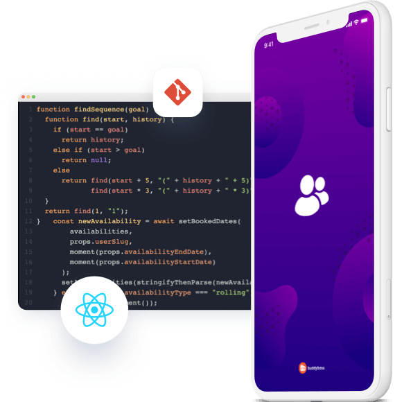 A smartphone with a white frame displays an app splash screen featuring a white group icon on a purple background. Behind it, a code editor window shows JavaScript code, with icons for Git and React.