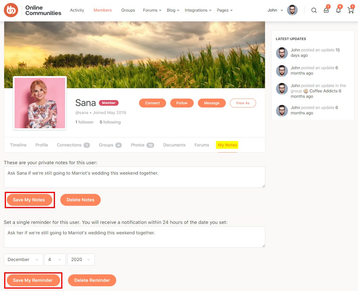 A profile page on a community website shows a user named Sana. The page displays her profile photo, tabs including “My Notes” highlighted, and note options like Save My Notes and Delete Notes beneath a text box.