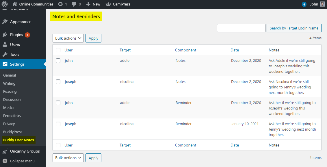 A screenshot of the Notes and Reminders section in a WordPress admin dashboard, showing a list of user notes with columns for user, target, component, date, and note content.