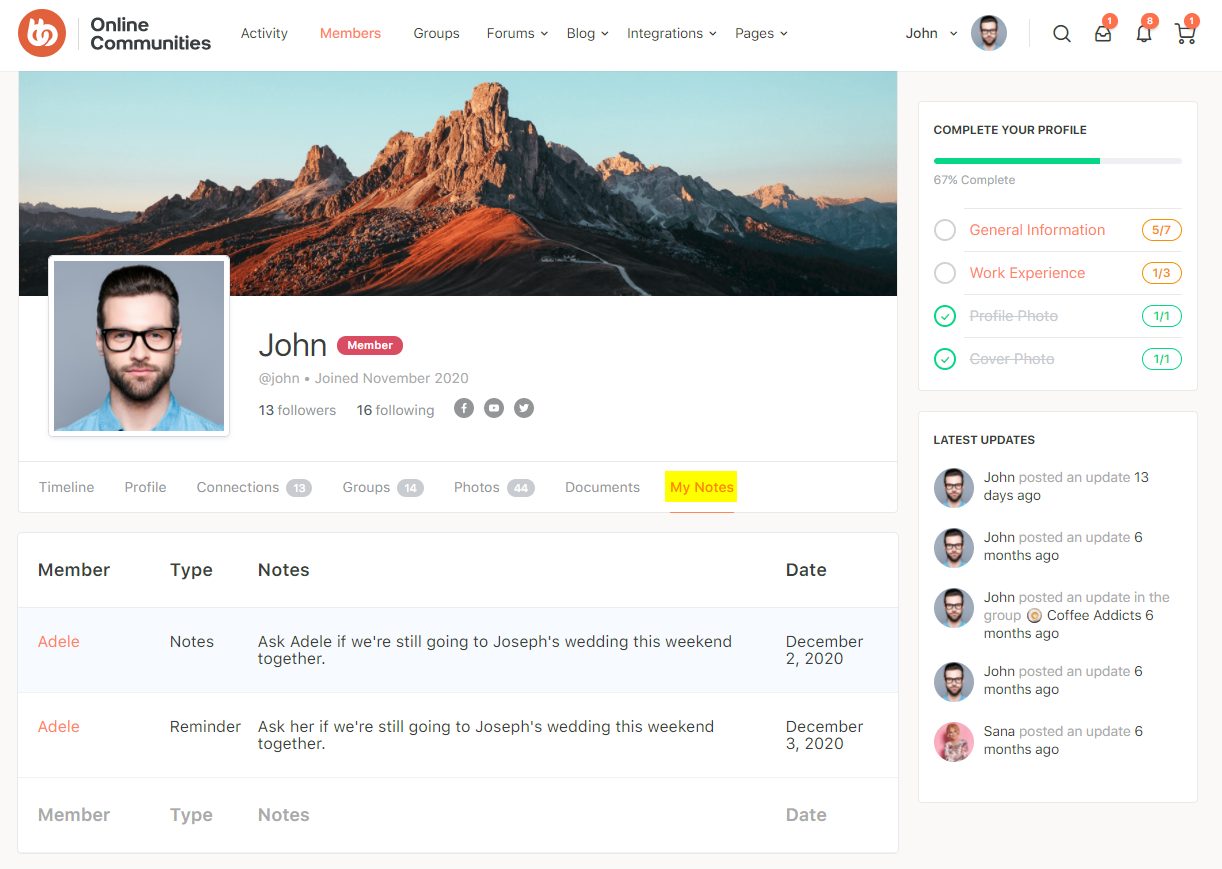 A social media profile page for John, featuring a mountain landscape cover photo, profile picture, profile details, navigation tabs, a My Notes section with messages, and an activity feed on the right.