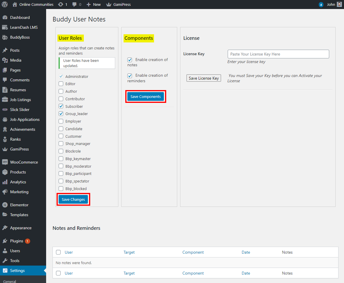 Screenshot of the Buddy User Notes settings page in WordPress, showing User Roles and Components options. Save Changes and Save Components buttons are highlighted with red boxes.