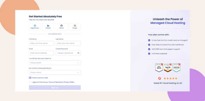 A website sign-up page for cloud hosting, showing form fields for name, email, password, monthly website visits, and sign-up options. The right side lists plan benefits and displays service badges and a “Sign up” button.