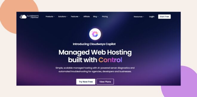 Screenshot of the Cloudways website homepage, highlighting “Managed Web Hosting built with Control” and buttons to try or view plans; includes a navigation menu and a login/start free button.