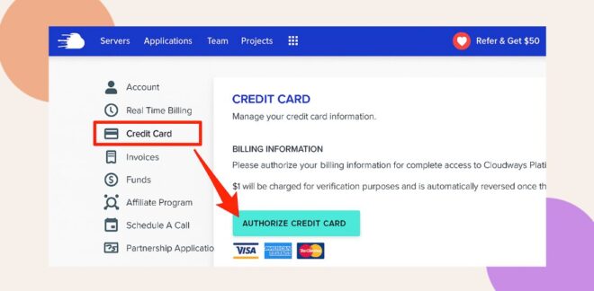A website interface shows the Credit Card menu selected. An arrow points to an AUTHORIZE CREDIT CARD button below billing information, with Visa, MasterCard, and American Express logos visible underneath.