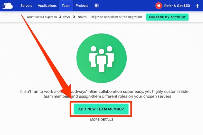 A webpage with a green icon of three people and a highlighted ADD NEW TEAM MEMBER button. An arrow points to the button, indicating it as the main call to action for adding a team member.