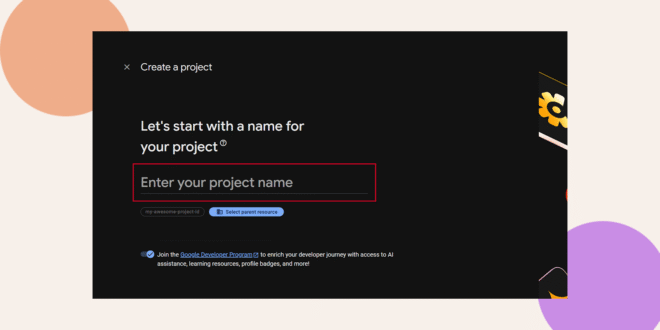 A dark-themed screen prompts the user to “Enter your project name” in a highlighted box, with “Create a project” at the top and colorful abstract shapes in the background.