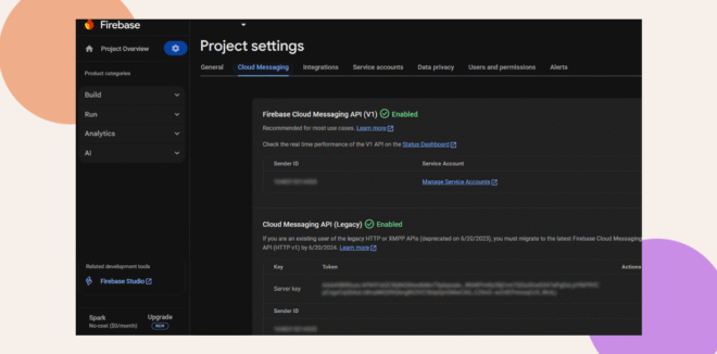 Screenshot of the Firebase Project settings page, showing the Cloud Messaging tab with enabled APIs and details for Firebase Cloud Messaging API (V1) and the older Cloud Messaging API (Legacy), on a dark background.