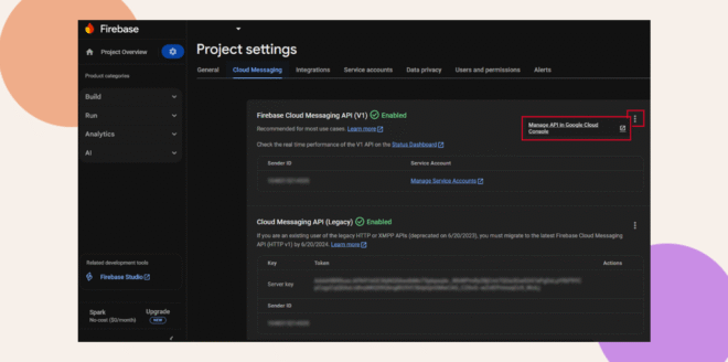 Screenshot of the Firebase Project settings page, showing the Cloud Messaging tab with two API versions listed. The Manage API in Google Cloud Console link is highlighted with a red box.