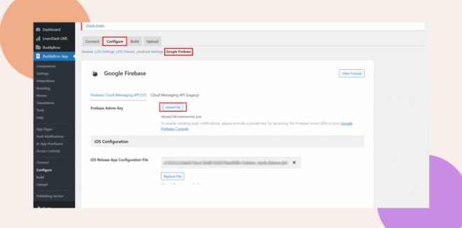 A dashboard interface shows the Configure tab, with Google Firebase selected. The page displays a Firebase Admin Key section and an Update it link, highlighted in a red box.