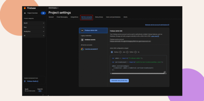 Screenshot of the Firebase consoles Project settings page, showing the Service accounts tab. A code snippet and options for Firebase Admin SDK and private key generation are visible. The interface has a dark theme.