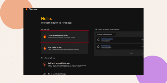 A screenshot of the Firebase welcome dashboard with the Create a new Firebase project option highlighted in red. The interface has a dark background. Decorated geometric shapes are in the image background.