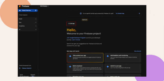 Screenshot of the Firebase dashboard in dark mode, showing a welcome message and options to add an app, analytics, and backend. Navigation menu is on the left, and a beige abstract border surrounds the image.