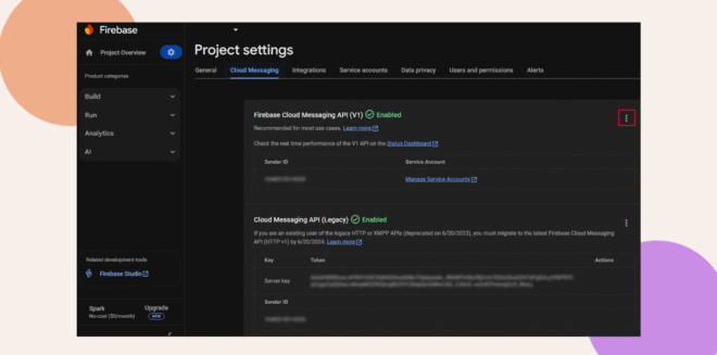 Screenshot of the Firebase Project settings page, showing Cloud Messaging APIs. The Firebase Cloud Messaging API (V1) is enabled; the older API (Legacy) is below. An options menu (three dots) is highlighted.