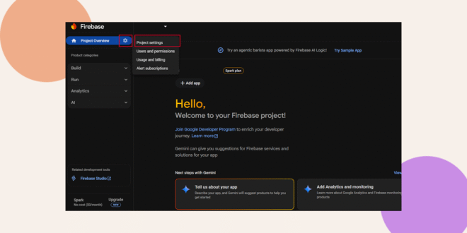 A screenshot of the Firebase console’s homepage in dark mode, with the “Project settings” option highlighted under the Project Overview dropdown menu on the left sidebar.