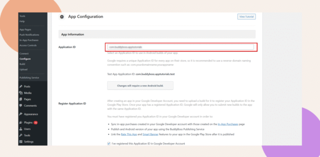A screenshot of an app configuration page showing a partially redacted Application ID field, with app setup instructions and options for registering the application below. Various menu items appear on the left sidebar.