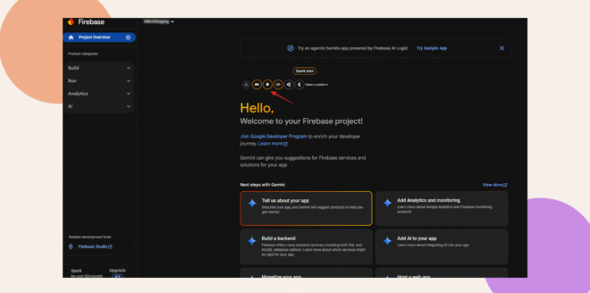 A screenshot of the Firebase dashboard with a yellow arrow pointing to the web platform icon, highlighting steps to add a web app to a Firebase project. The dashboard is in dark mode.