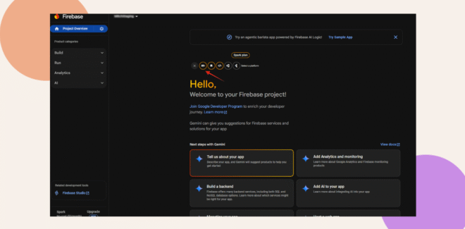 Screenshot of the Firebase console with a dark theme, showing the project overview page. Hello, is highlighted in orange, and there are options to build, run, and analyze on the left sidebar. Various setup tips are displayed.