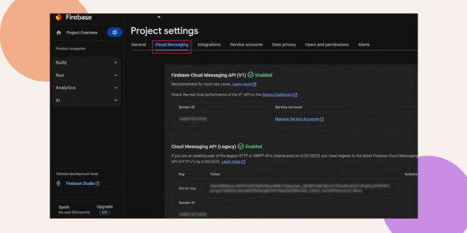 Screenshot of the Firebase Project settings page, with the Cloud Messaging tab selected and highlighted. Sections show details for Cloud Messaging APIs, including sender ID and service account information.