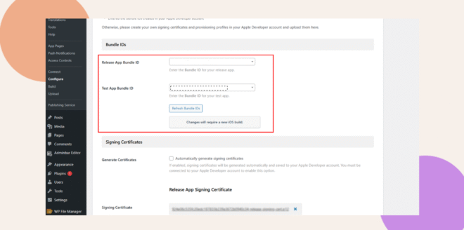 A computer screen displays a web page with a section outlined in red for entering Release App Bundle ID and Test App Bundle ID, including text fields and a Refresh Bundle IDs button. Navigation menu is on the left.