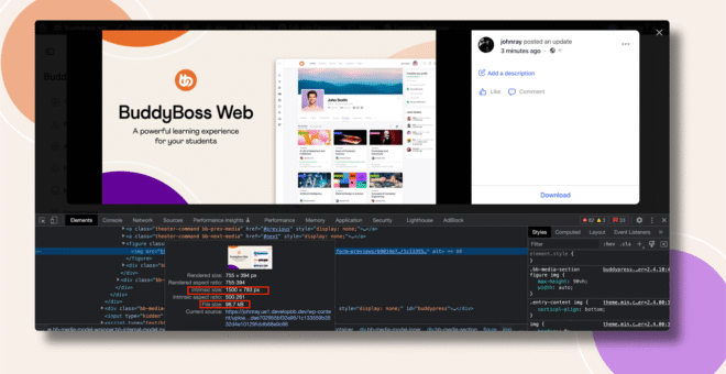 A computer screen shows a browser window with BuddyBoss Web’s homepage, a Facebook-like post interface, and Chrome Developer Tools open at the bottom, highlighting CSS styles and HTML elements.