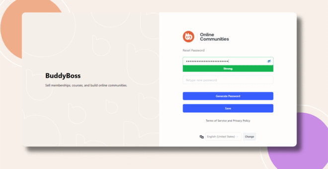 Screenshot of a BuddyBoss login page with the option to reset a password. The left side promotes BuddyBoss features, while the right side displays fields to enter and save a new password, along with language settings at the bottom.