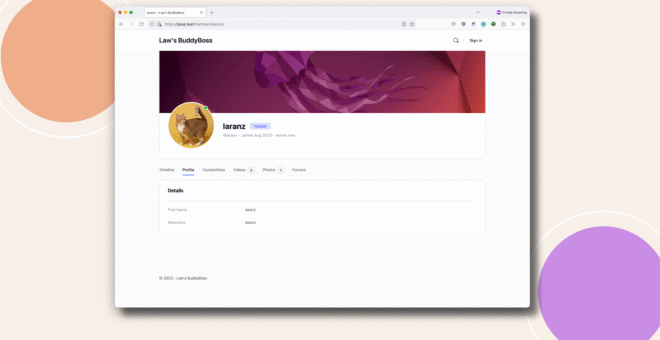 A computer screen displays a profile page for the user learanz on a website. The background is beige with orange and purple circles. The profile page shows a purple header image and a circular animal avatar.