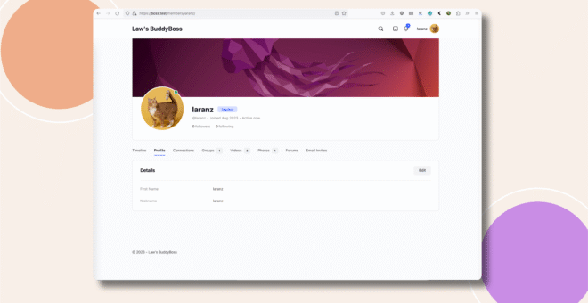 A computer screen displays a user profile page on a social platform called Lavis BuddyBoss. The profile features the username laranz, a circular animal avatar, and a purple abstract banner. Tabs and profile details are visible.