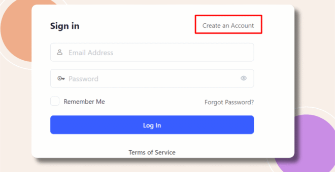 A login screen with fields for email address and password, options for Remember Me and Forgot Password?, a blue Log In button, and a highlighted Create an Account link in the upper right corner.