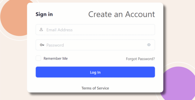 A login and account creation form with fields for email address and password, options for Remember Me and Forgot Password?, a blue Log In button, and a Terms of Service link at the bottom.