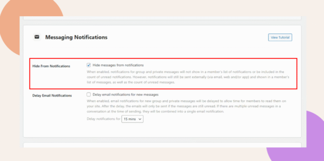 Screenshot of a messaging notifications settings page. The Hide From Notifications option is highlighted, with the checkbox selected and a description about hiding group and private messages from notifications.