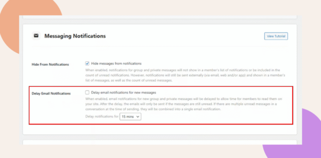 Screenshot of a “Messaging Notifications” settings page. The “Delay Email Notifications” option is checked, allowing users to delay email notifications for new messages, with a dropdown set to “15 mins.”.