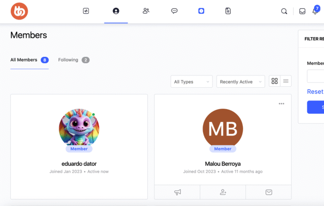 Screenshot of an online community members page showing two users: one with a colorful cartoon avatar and the name eduardo dator, and another with a brown circle avatar and the initials MB for Malou Berroya.